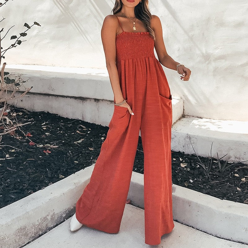 Solid Color Strapless Ruffle Jumpsuit