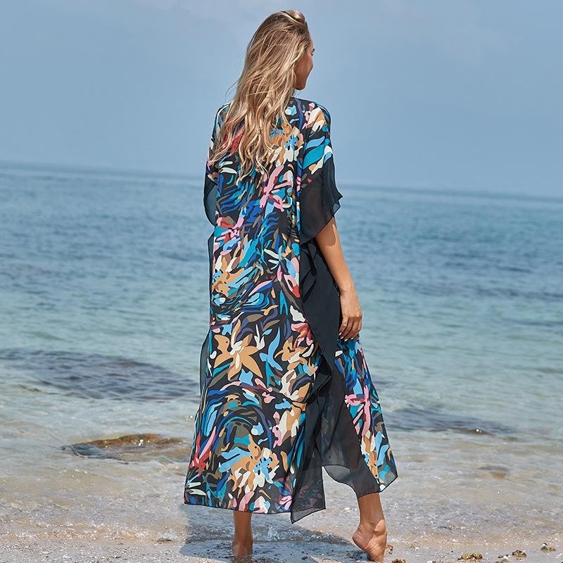 Contrast Color Patchwork Printing V-Neck Half Sleeve Casual Loose Long Beach Dress Bikini Cover-Up