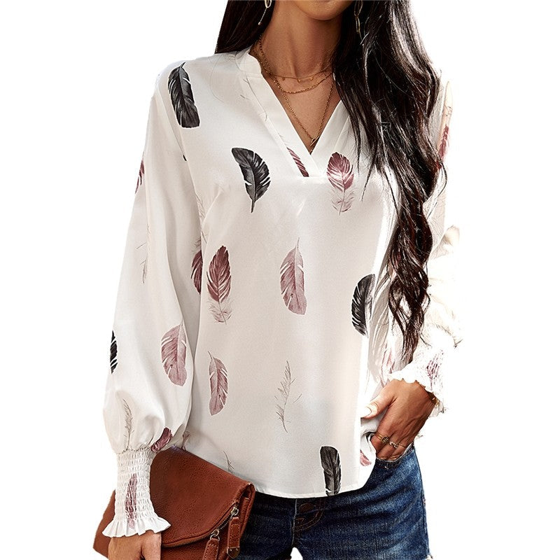 Long Sleeves V-Neck Printing Casual Loose Pullover Blouse Top