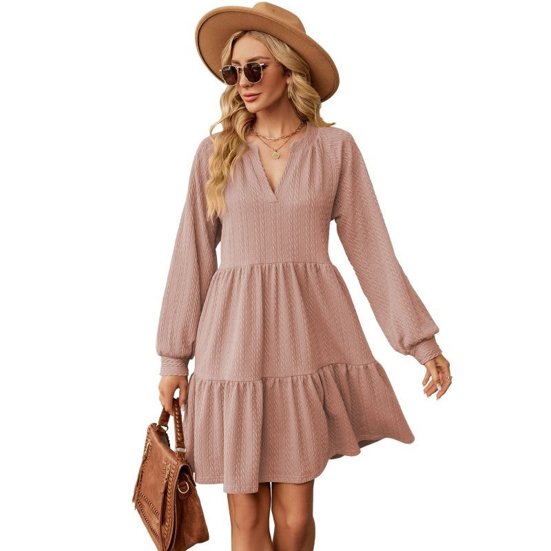 Solid Patchwork Loose Pleated V-Neck Long-Sleeved Dress