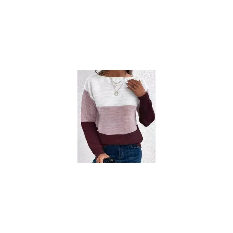 Knitted Sweater Color Block Round Neck Long Sleeve
