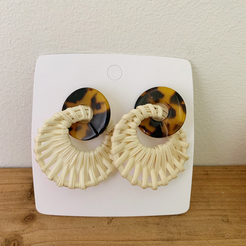 Leopard Round Rattan Acrylic Drop Earrings