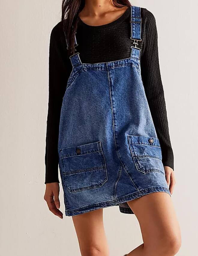 Washed Pockets Denim Mini Overalls Dress