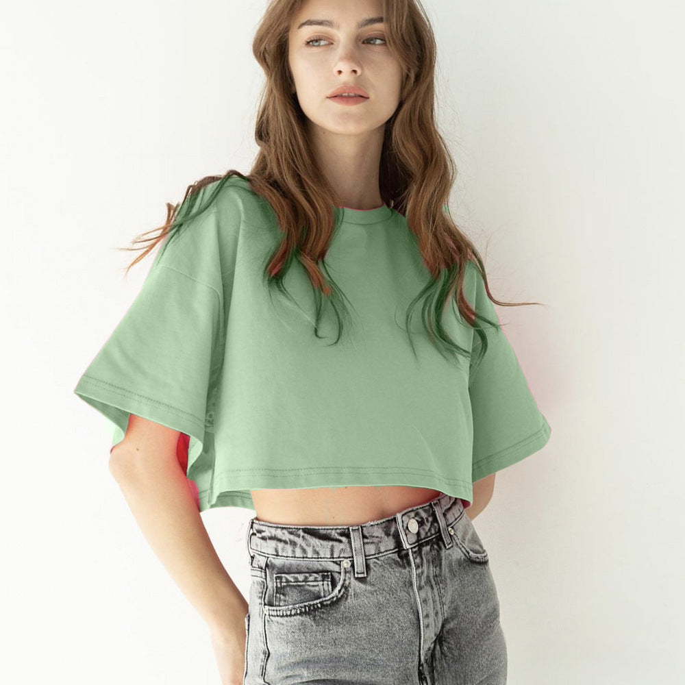 Round Neck Loose Solid Color Short Top