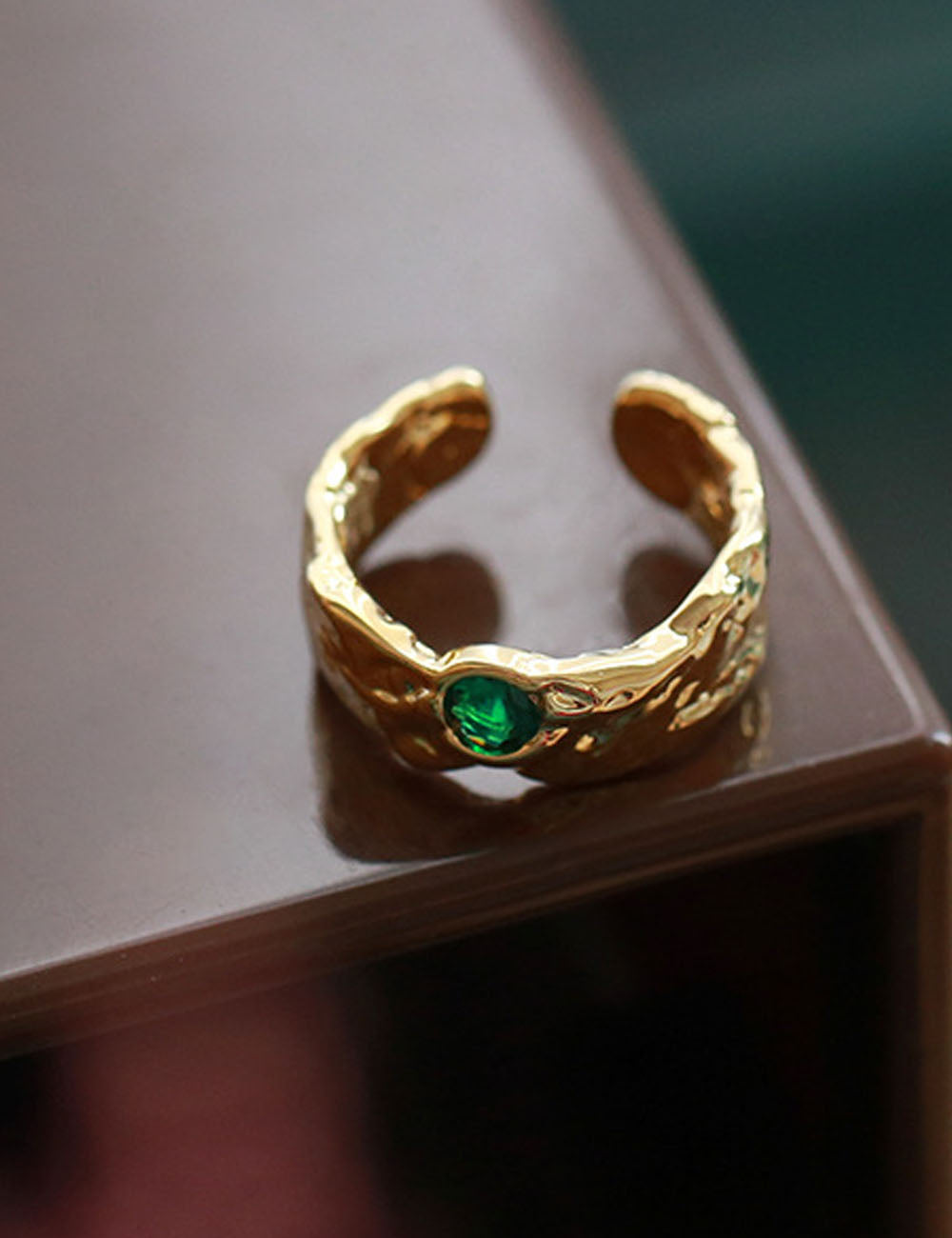 Emerald Zircon Inlaid Gold Plated Open Ring