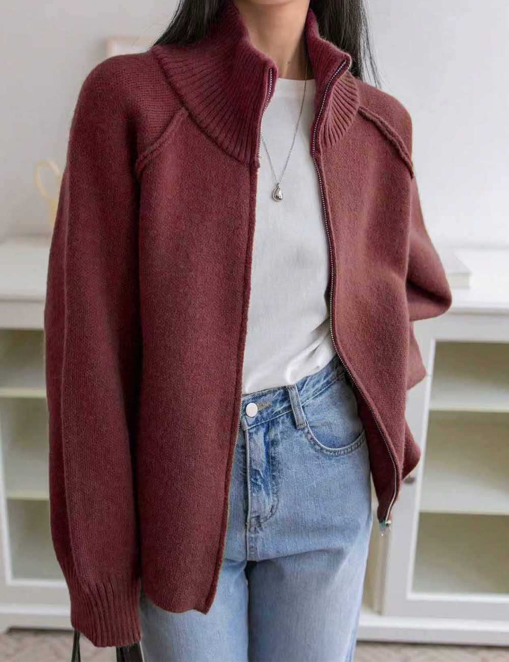 Solid Color High Neck Zip-Up Knit Cardigan