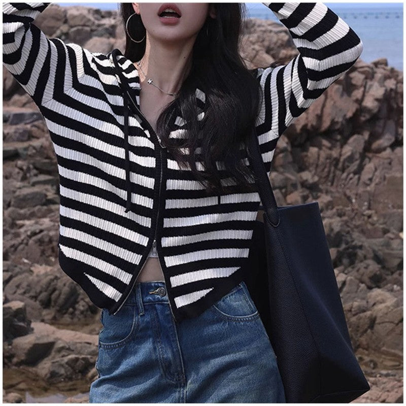 Women's Striped Hooded Knit Cardigan Sweater