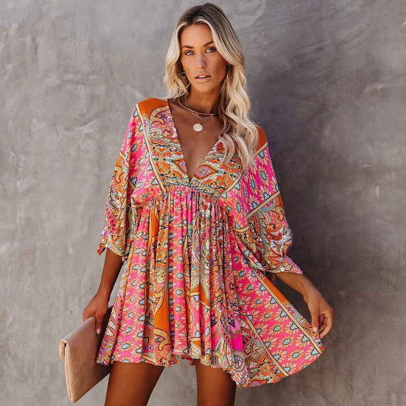 Vestido mini elegante con escote en V y estampado floral estilo bohemio vintage para mujer