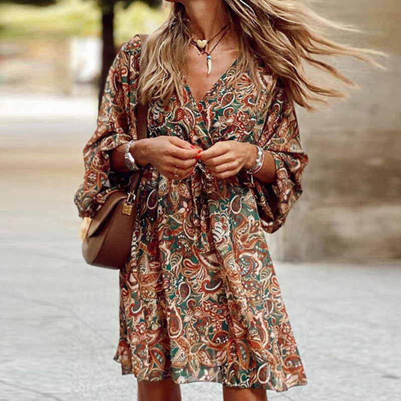Women Elegant V Neck Vintage Bohemian Printed Casual Dress