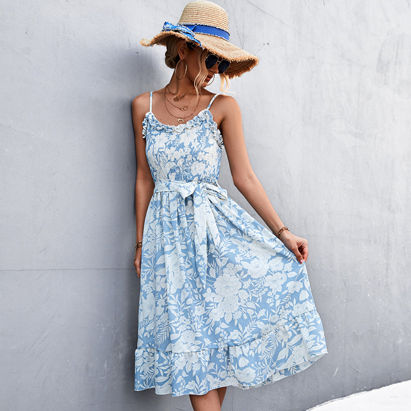 Vestido elegante bohemio sin mangas con volantes florales de verano para mujer