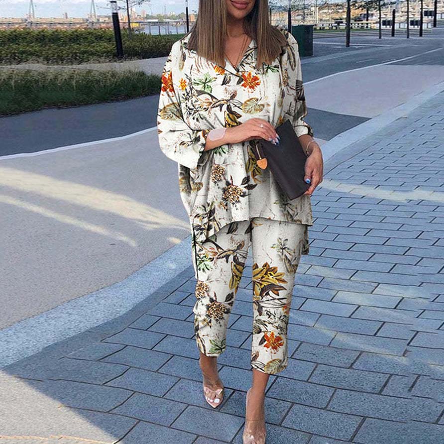 Plus Size Women Cotton Linen Print Two Pieces Set
