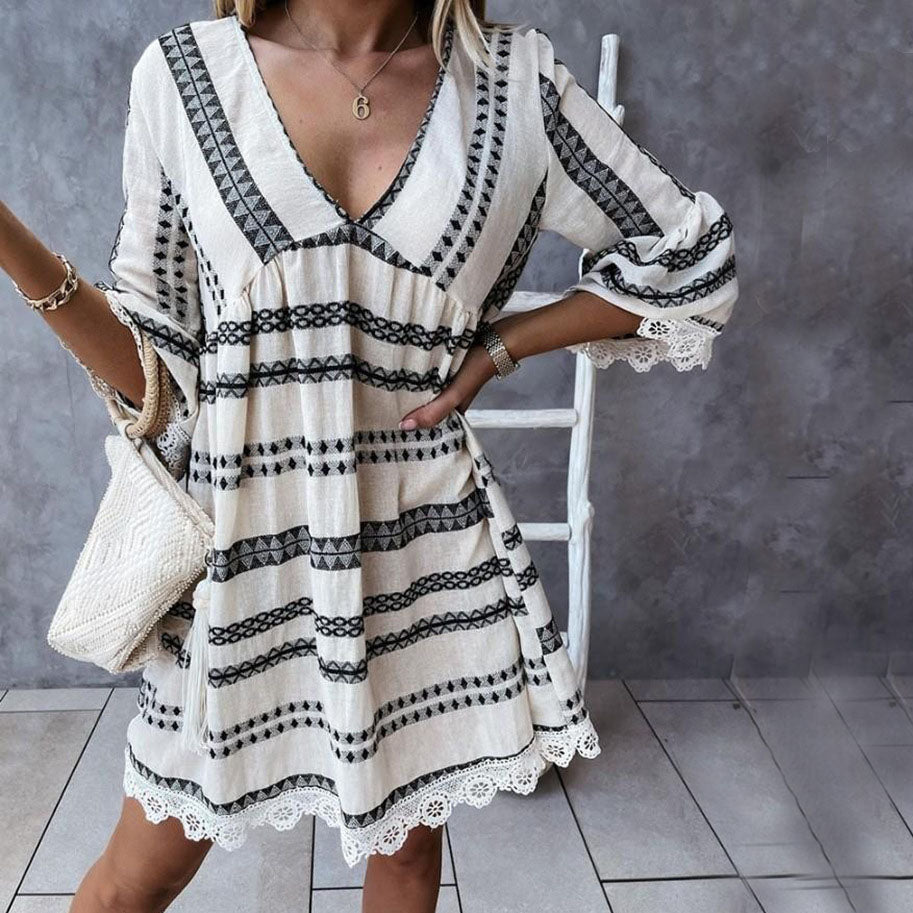 Vestido elegante bohemio con escote en V, estampado geométrico, mangas acampanadas y encaje para mujer