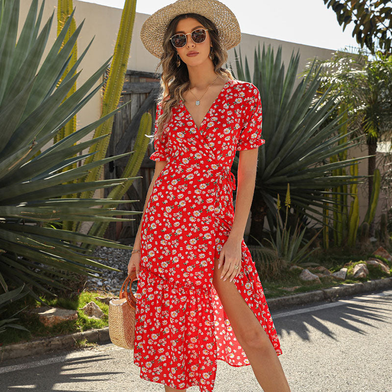 Robe de plage bohème sexy à col en V et imprimé floral en mousseline de soie