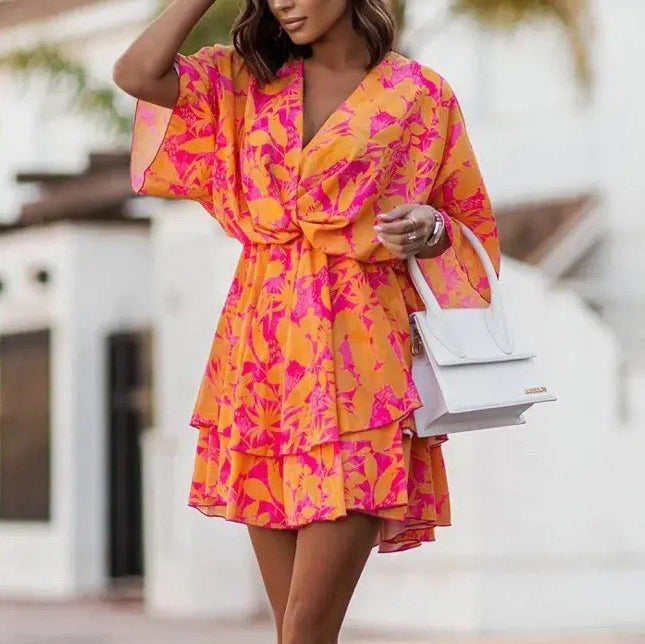 Vestido informal bohemio con cuello en V y mangas dolman para mujer