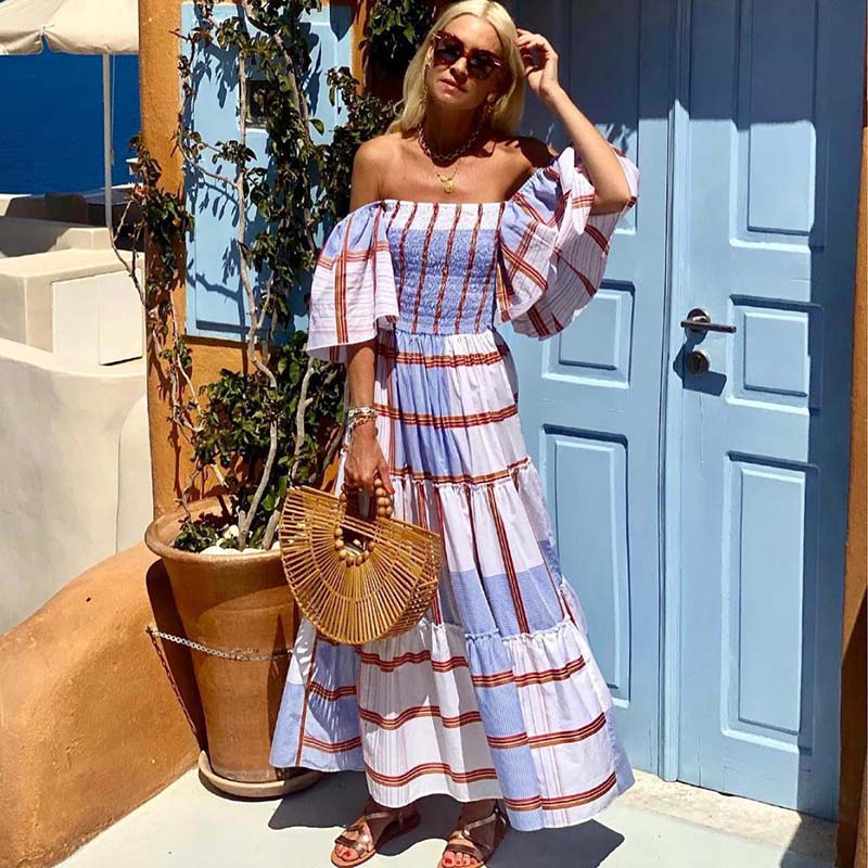 Vestido largo informal de verano para mujer, con rayas, hombros descubiertos, manga corta y volantes