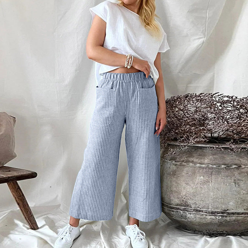 Pantalones casuales de lino y algodón a rayas de pierna ancha para mujer
