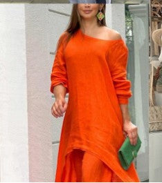 Women Fashion Casual Solid Color Cotton Linen Set