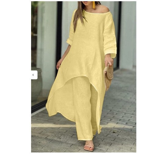 Women Fashion Casual Solid Color Cotton Linen Set
