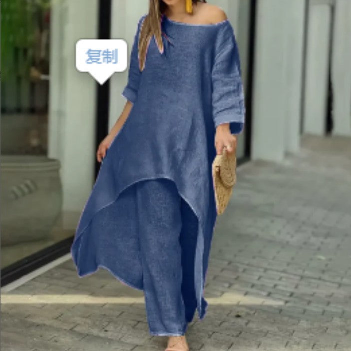 Women Fashion Casual Solid Color Cotton Linen Set