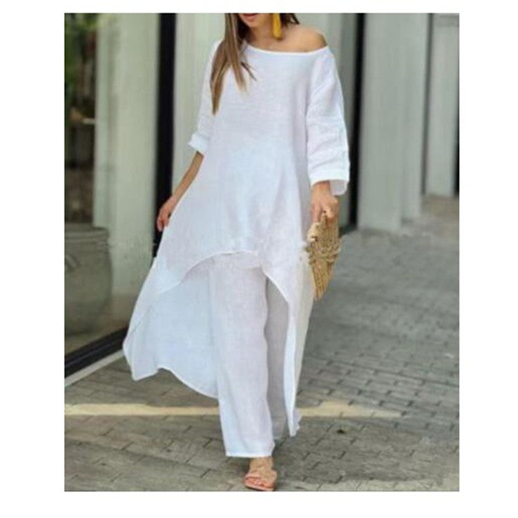Women Fashion Casual Solid Color Cotton Linen Set
