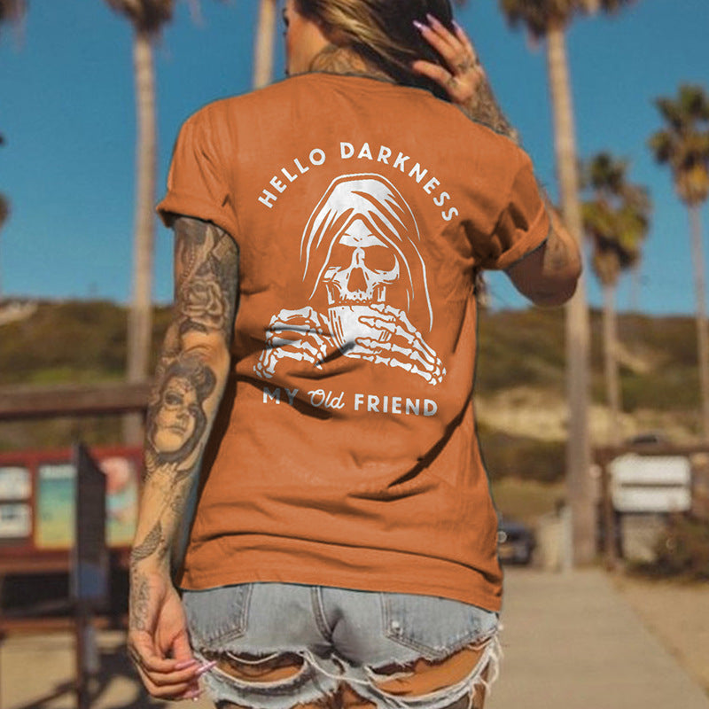 Camiseta de Halloween para mujer con calavera de terror y bruja con alfabeto