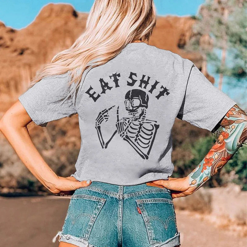Camiseta de algodón con estampado de calavera gótica para mujer de Halloween