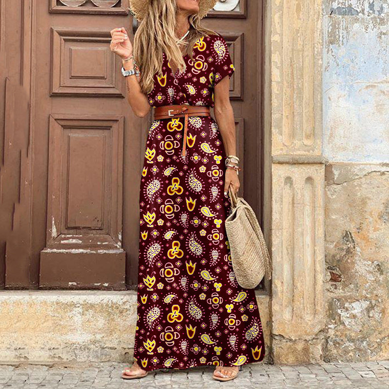 Vestido largo bohemio vintage de verano para mujer, sexy, con escote en V y mangas cortas, con cinturón