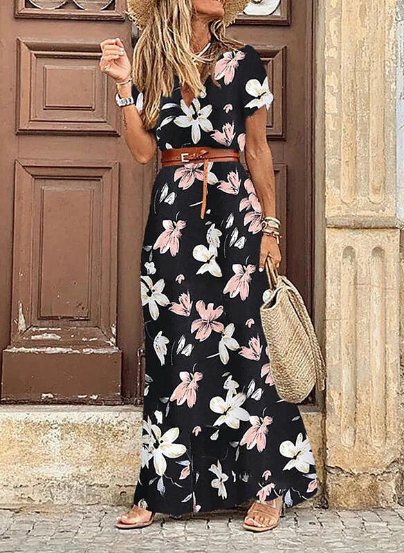 Vestido largo bohemio vintage de verano para mujer, sexy, con escote en V y mangas cortas, con cinturón