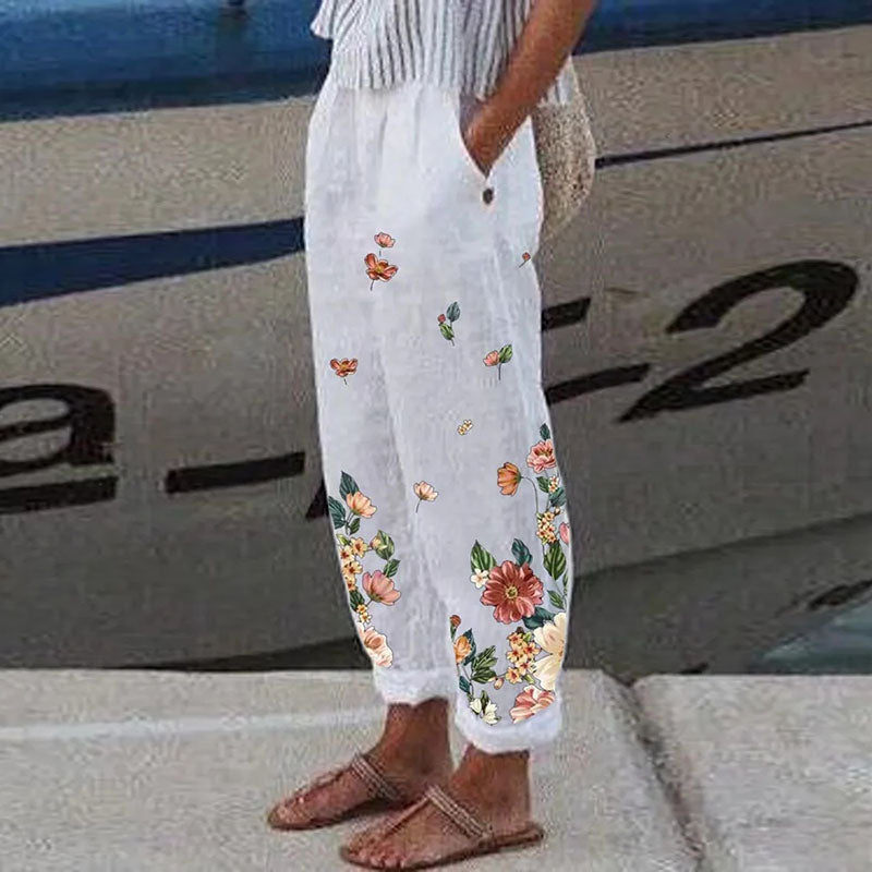 Pantalones florales vintage elegantes de algodón y lino para mujer