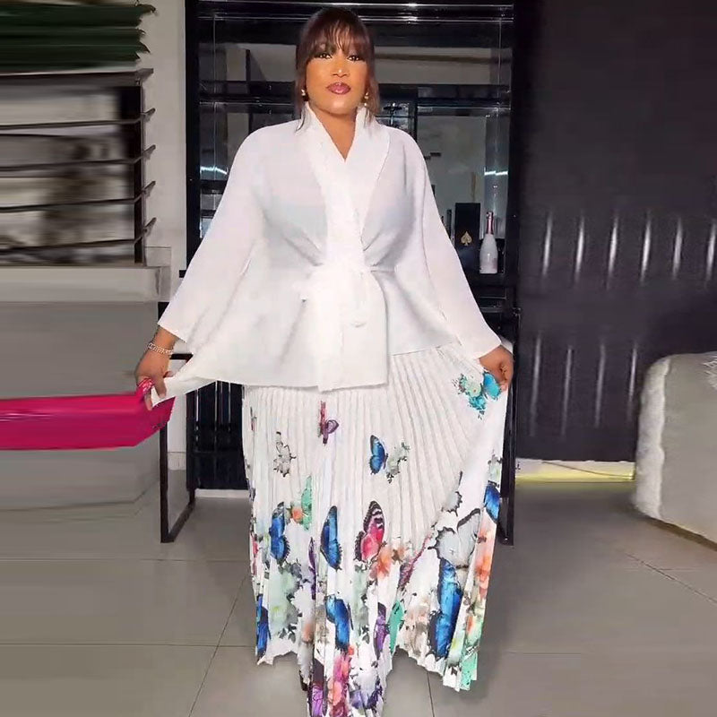 African Women Butterfly Print Irregular Plus Size Skirt Set
