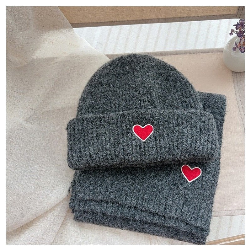 Kids Knit Hat Scarf Set With Heart Embroidery