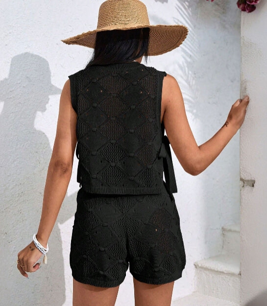 Hollow-Out Sleeveless Vest Short Knit Sets