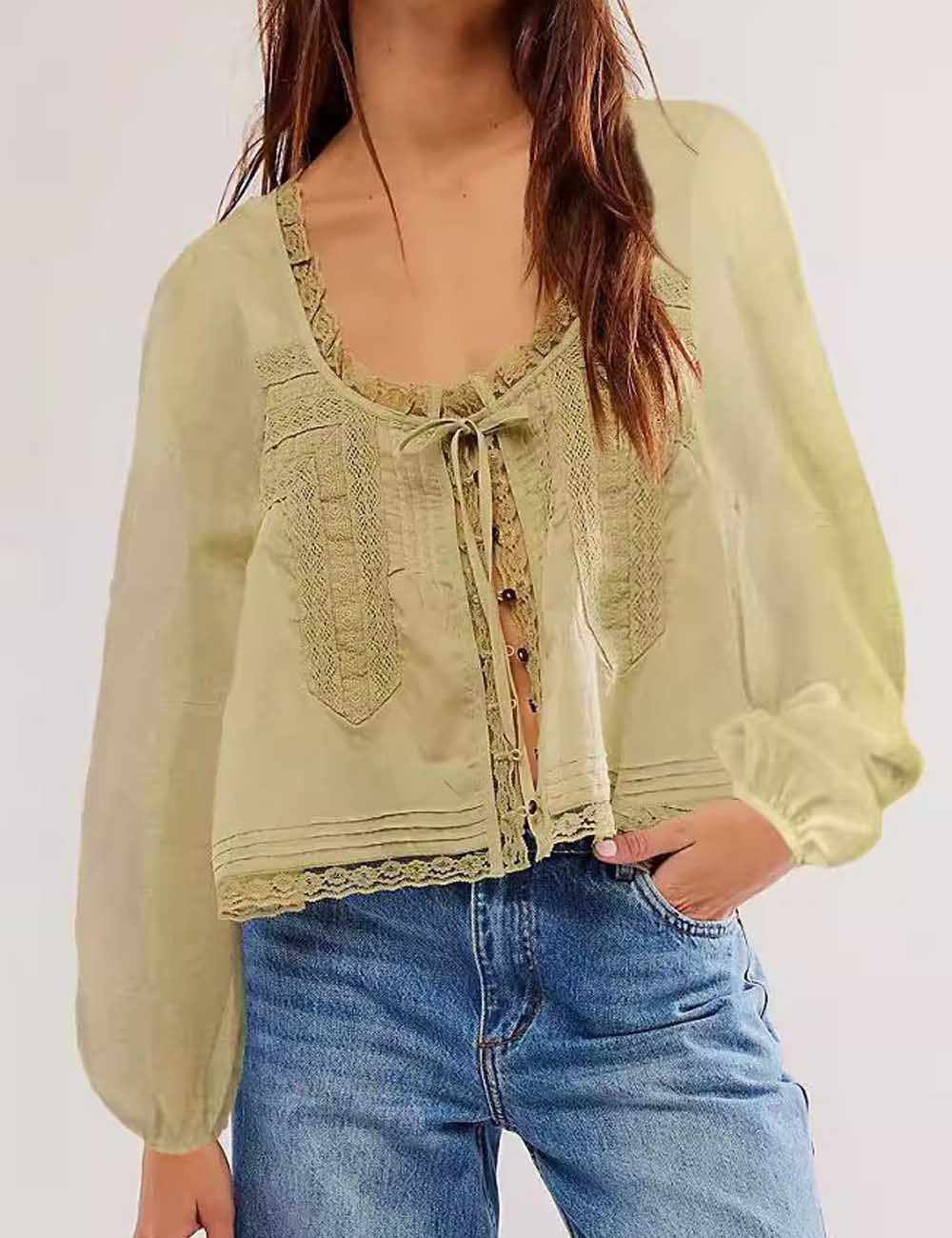 Elegant U-Neck Lace Trim Long Sleeve Shirt