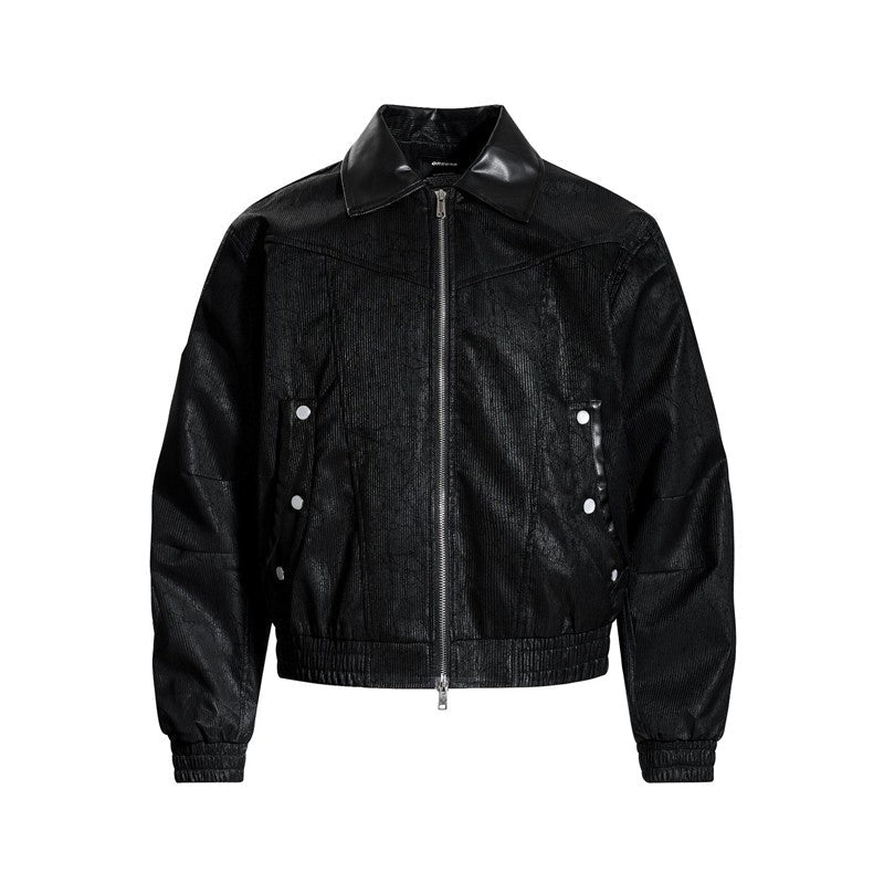 Flipped Collar PU Leather Jacket Street Style