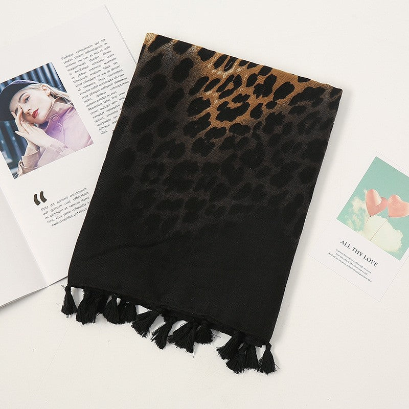 Fashion Colorblock Fringe Leopard Print Cotton Linen Scarf