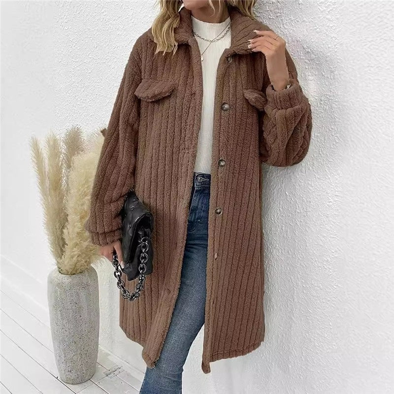 Women's Long Solid Color Plush Coat With Lapel