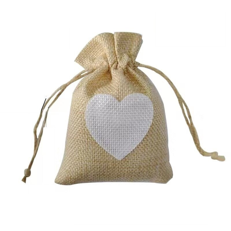 Linen Gift Bag With Heart Print Drawstring