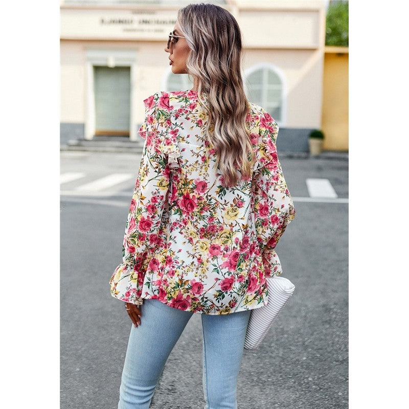 Crewneck Long Sleeves Floral Printed Casual Loose Blouse Top