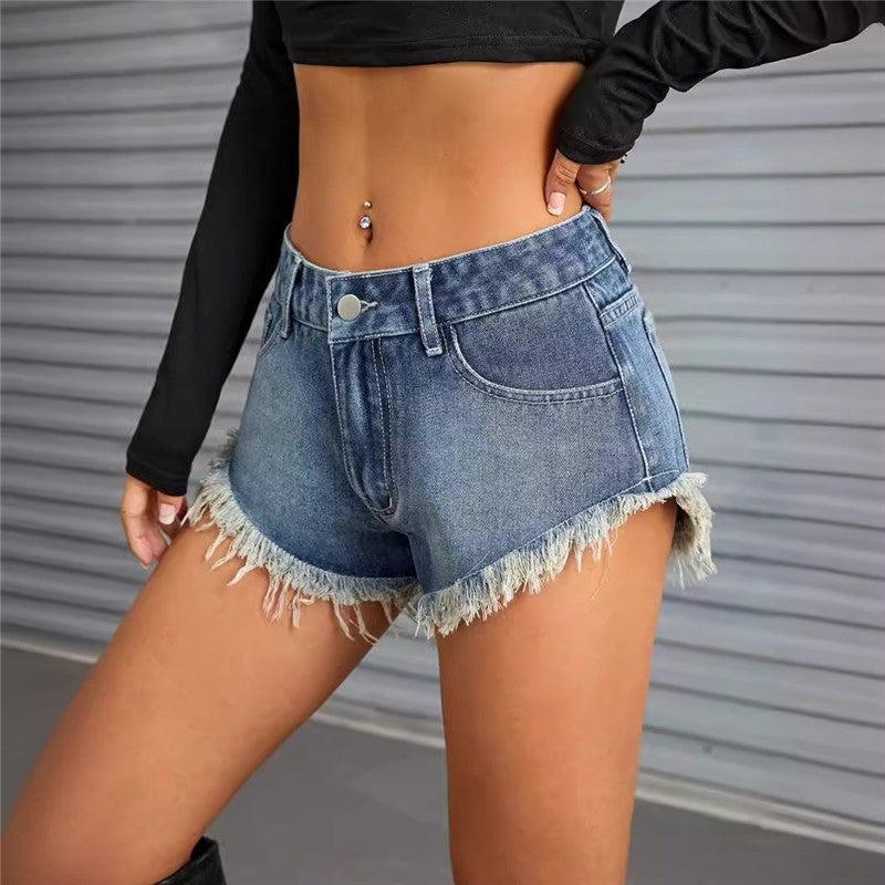 Simple And Versatile Low-Waist Slim Raw Edge Loose Denim Shorts