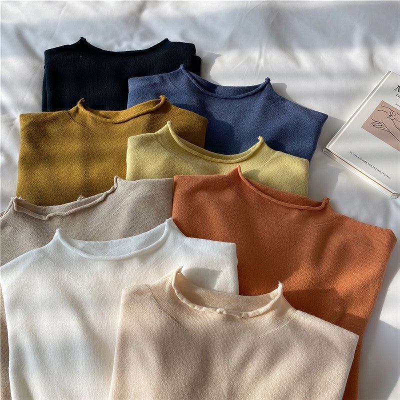 Solid Color Long Sleeve Half Turtleneck Thin Base Knitted Sweater