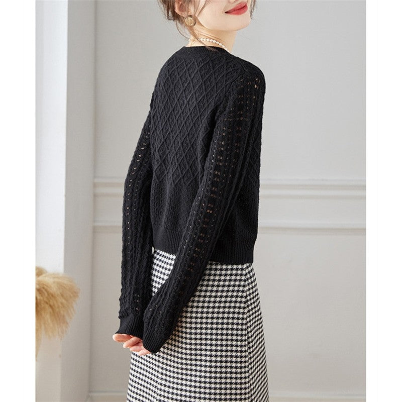 Round Neck Lace Mesh Knit Cardigan Sweater