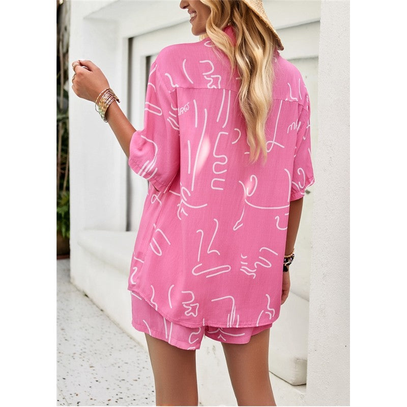 Printing Short Sleeve Lapel Buttoned Blouse And Shorts Two Pieces Suits