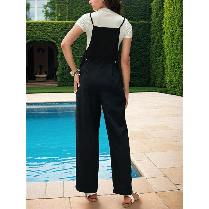 Black Lace-Up Waist Button Suspender Jumpsuit