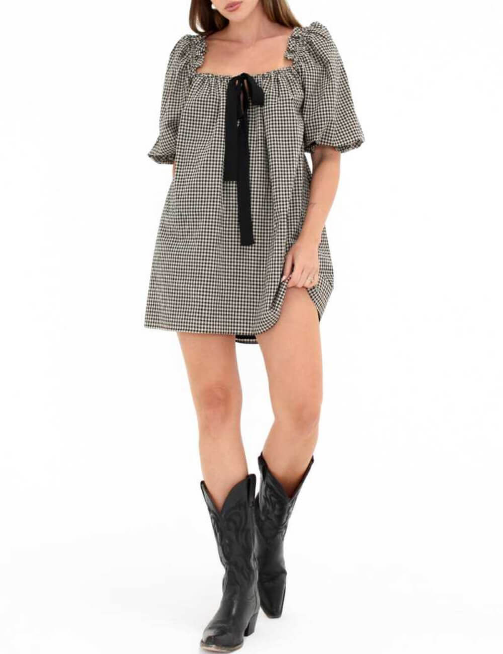 Vintage Off-Shoulder Puff Sleeve Babydoll Dress