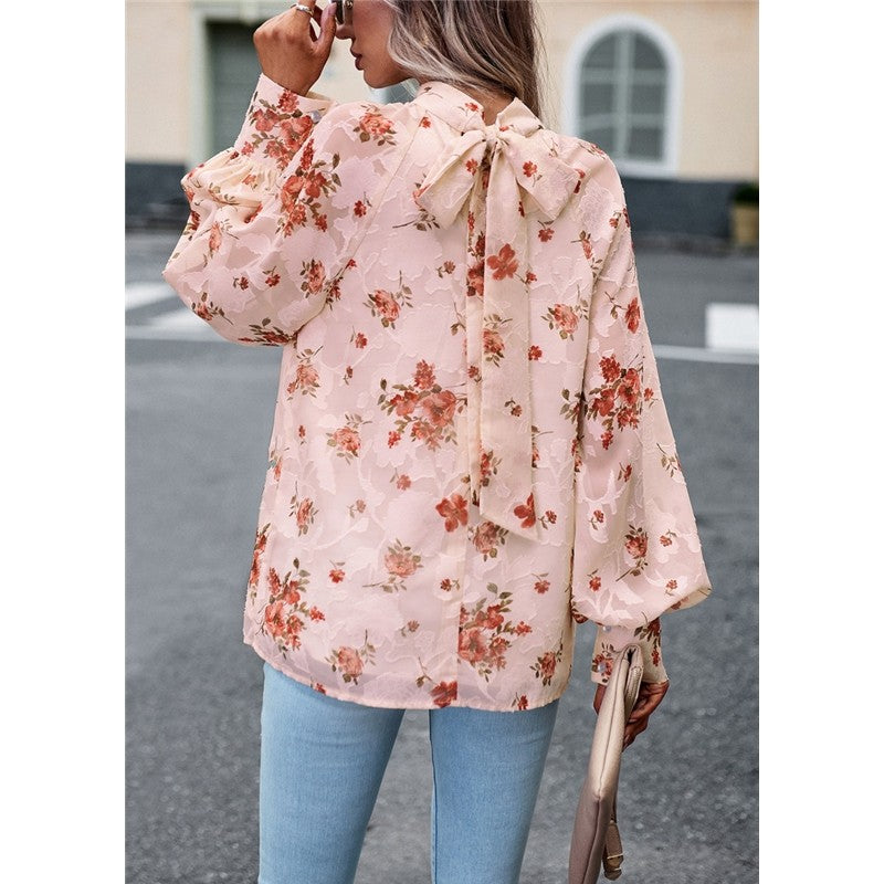 Long Sleeves Half Turtleneck Bandage Floral Printed Blouse