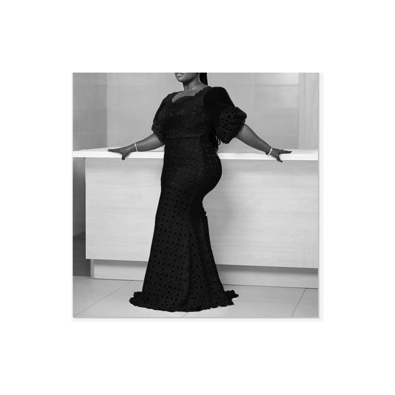 Solid Color Bubble Sleeve Hollow Out Bodycon Jumpsuit Dress