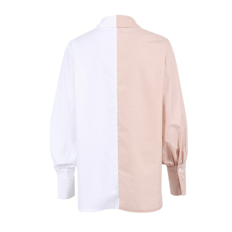 Contrast Color Lapel Long Sleeve Single Breasted Blouse