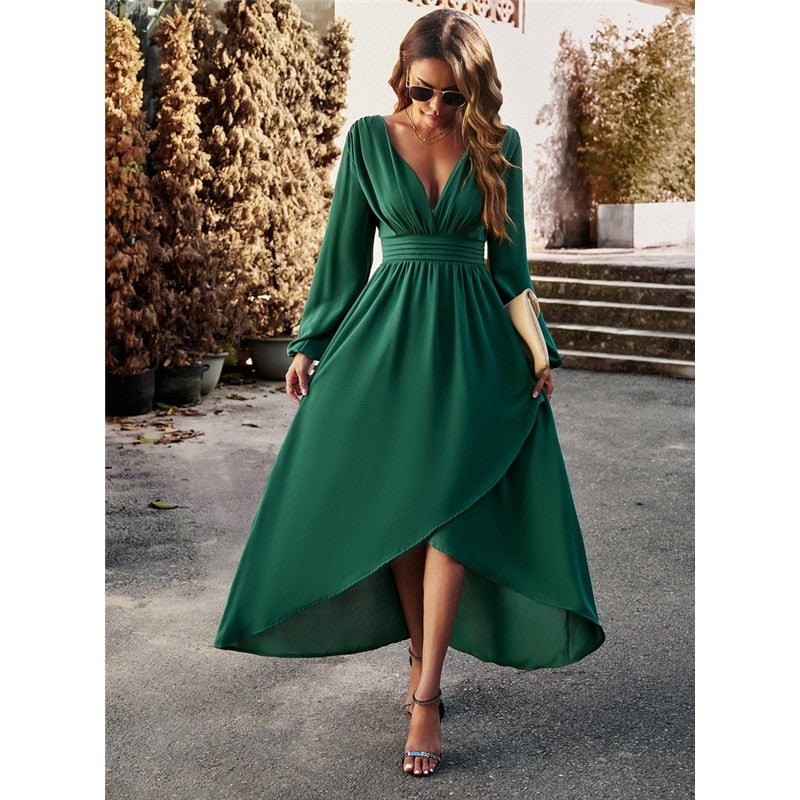 Solid Color Waisted Irregular Full Skirt Dress