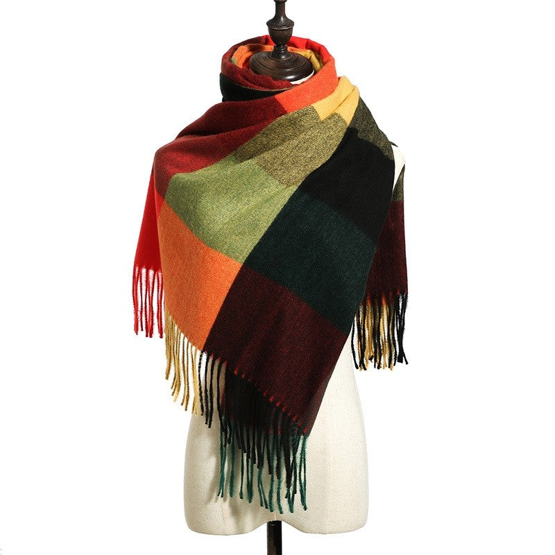 Plaid Print Striped Tasseled Shawl Scarf
