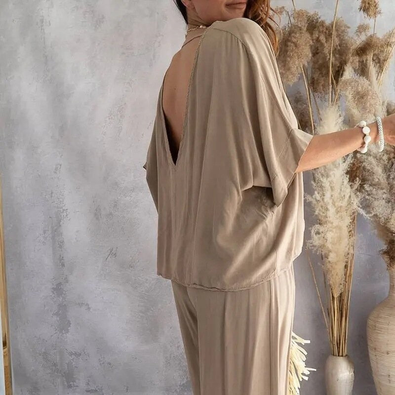 Solid Color V-Neck Bat Sleeve Top Long Pants Set